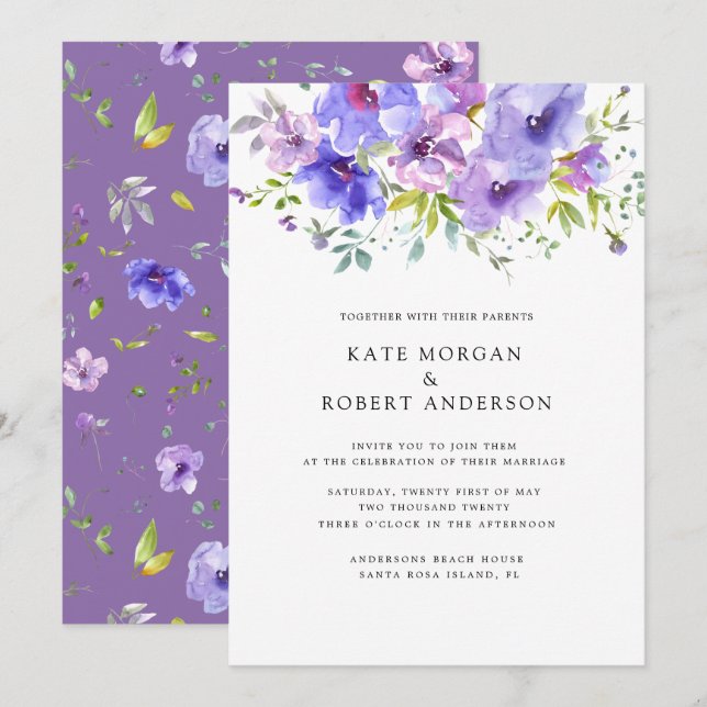 violet garden watercolor double monogram invitation (Front/Back)
