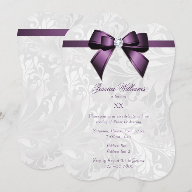 Violet Gem Bow, Ribbon  & Damask Birthday Party Invitation (Front/Back)