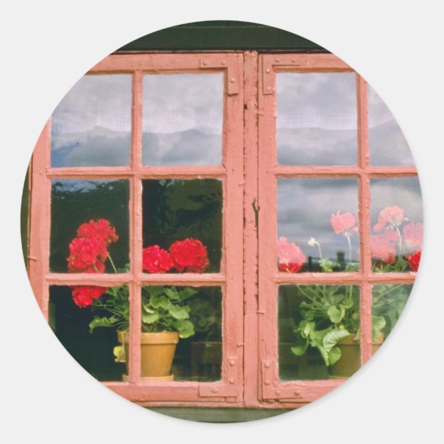 Violet Geraniums In The Window Of A Traditional Ho Classic Round Sticker (Front)