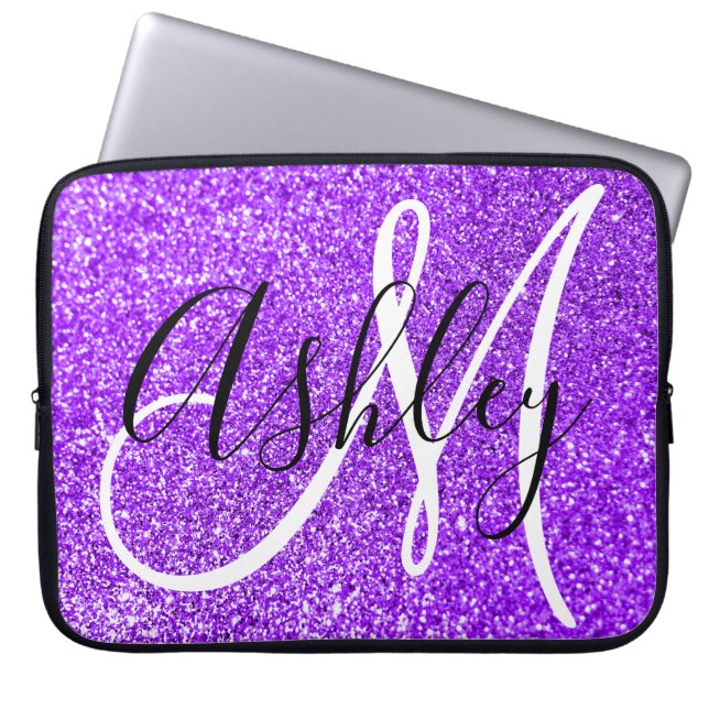 Violet Girly Faux Glitter Personalized Monogram Laptop Sleeve (Front)