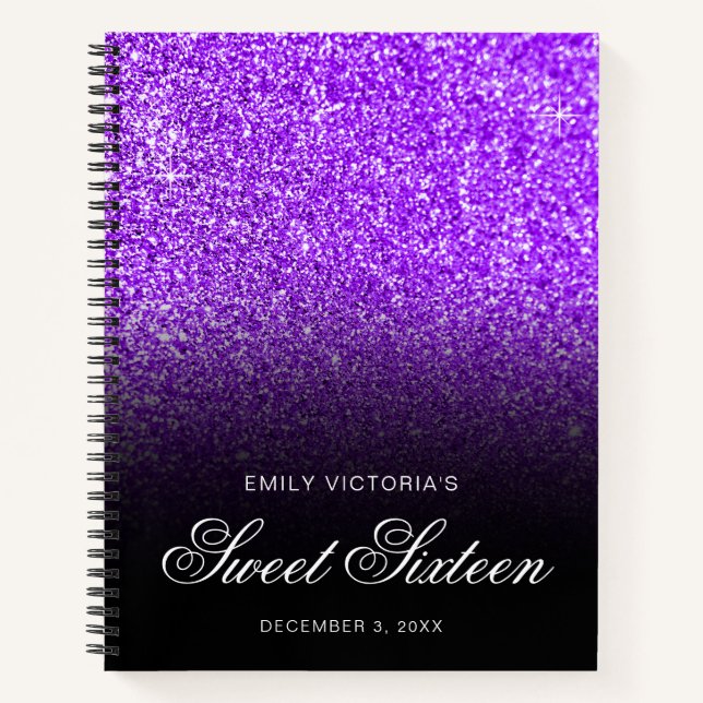 Violet Glitter Black Ombre Sweet Sixteen Guestbook Notebook (Front)