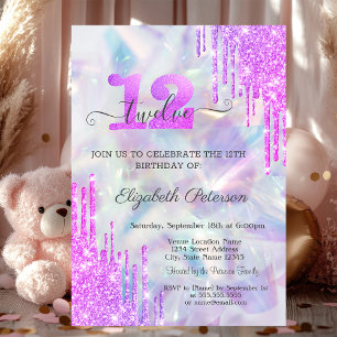 Violet Glitter Drips Holographic 12th Birthday  Invitation