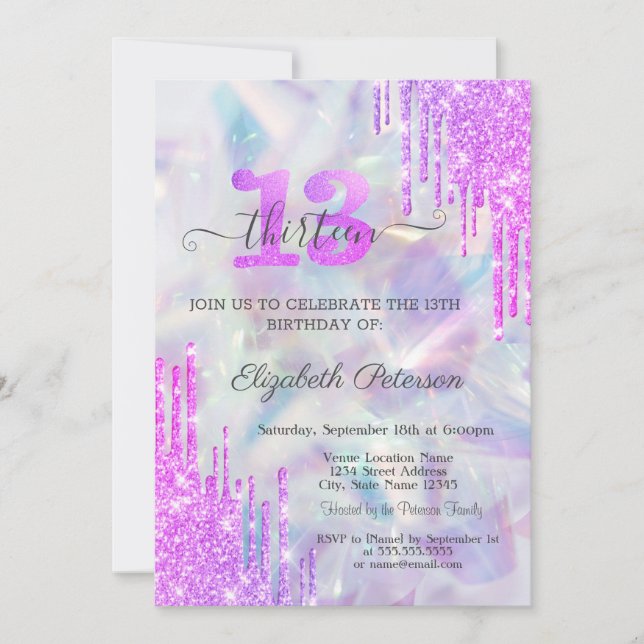 Violet Glitter Drips Holographic 13th Birthday  Invitation (Front)