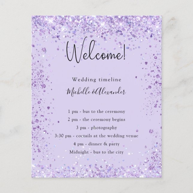 Violet glitter wedding program details budget flyer (Front)