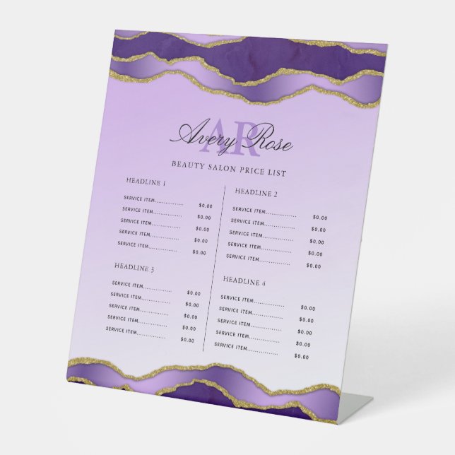Violet & Gold Agate Beauty Salon Price List  Pedestal Sign (Front)