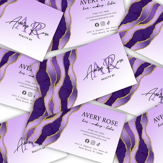 Violet Gold Marble Agate Cosmetologist Beauty Business Card (Creator Uploaded)