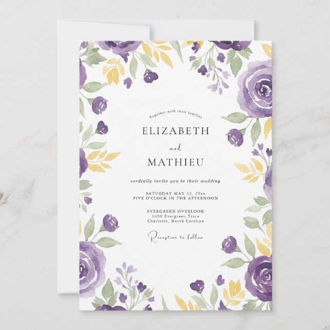 Violet Gold Ranunculus Eucalyptus Wedding Invitation (Front)