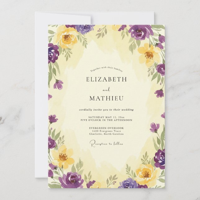 Violet Gold Ranunculus Muted Eucalyptus Wedding Invitation (Front)
