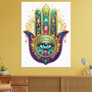 Violet Green Gold Petals Hamsa Turquoise Third Eye Canvas Print