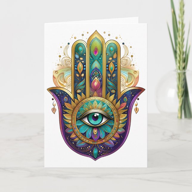 Violet Green Gold Petals Hamsa Turquoise Third Eye Card (Front)
