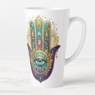 Violet Green Gold Petals Hamsa Turquoise Third Eye Latte Mug