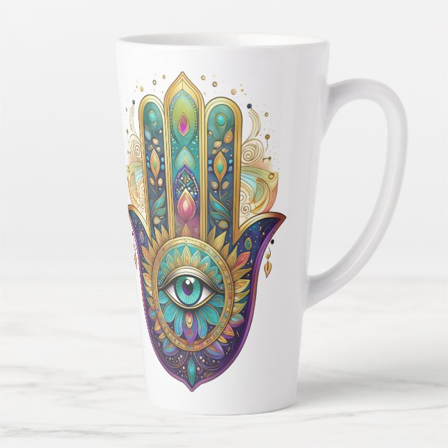 Violet Green Gold Petals Hamsa Turquoise Third Eye Latte Mug (Right)