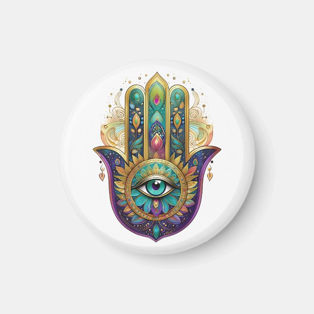 Violet Green Gold Petals Hamsa Turquoise Third Eye Magnet (Front)