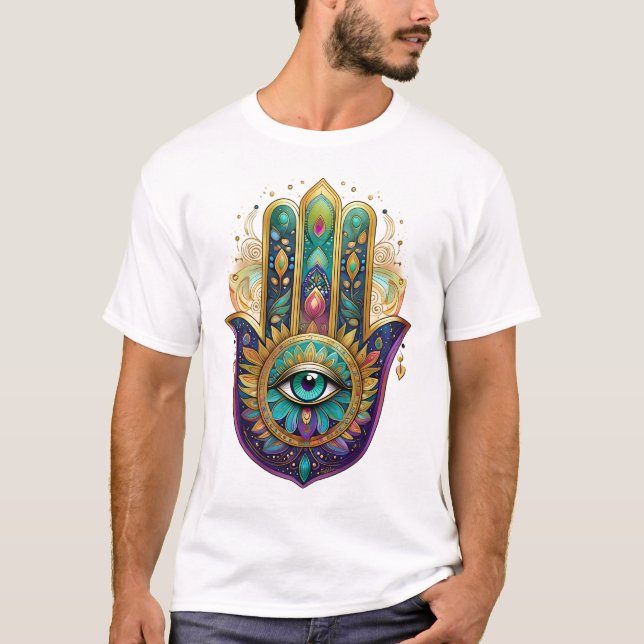 Violet Green Gold Petals Hamsa Turquoise Third Eye T-Shirt (Front)