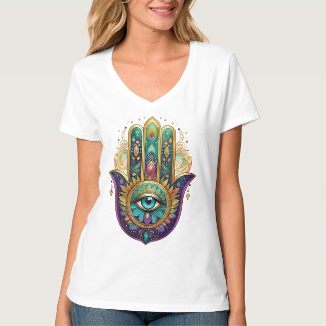 Violet Green Gold Petals Hamsa Turquoise Third Eye T-Shirt (Front)