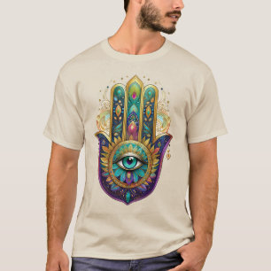 Violet Green Gold Petals Hamsa Turquoise Third Eye T-Shirt