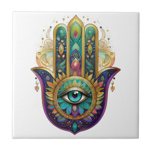 Violet Green Gold Petals Hamsa Turquoise Third Eye Tile