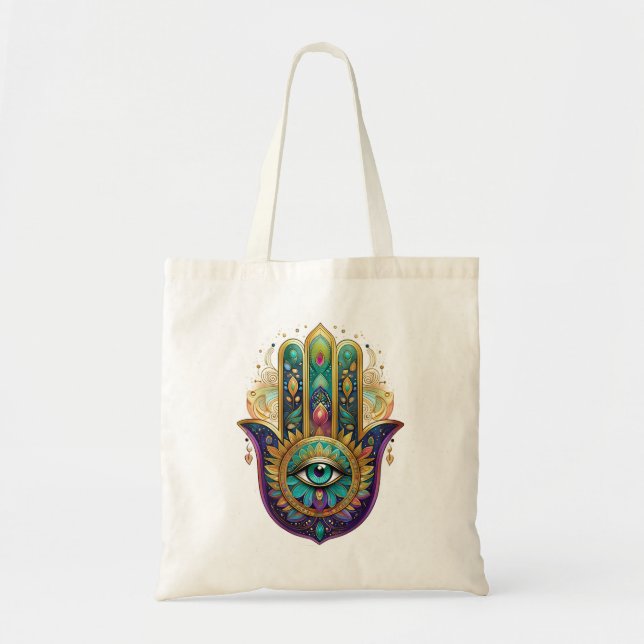 Violet Green Gold Petals Hamsa Turquoise Third Eye Tote Bag (Front)
