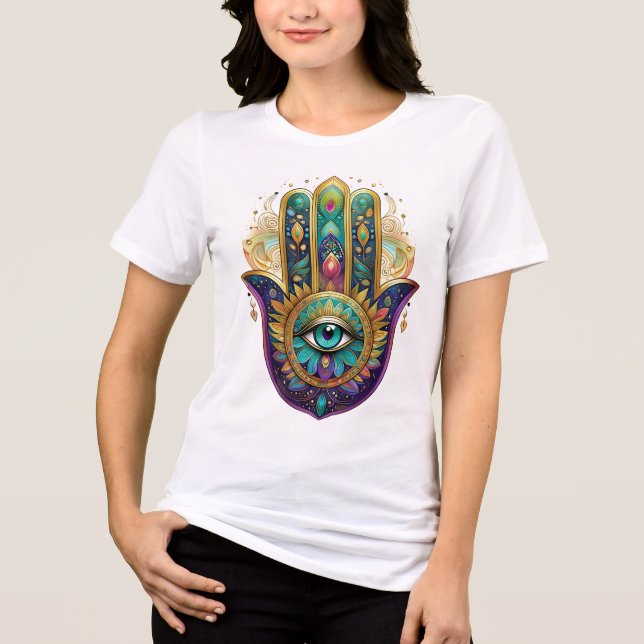 Violet Green Gold Petals Hamsa Turquoise Third Eye Tri-Blend Shirt (Front)