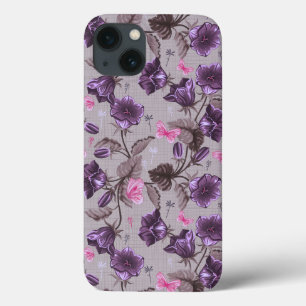 violet hand bells and pink butterflies pattern iPhone 13 case