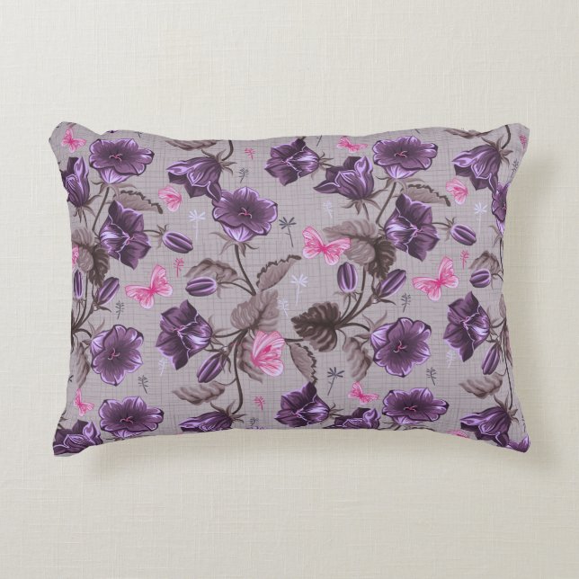 violet hand bells and pink butterflies pattern decorative cushion (Front)