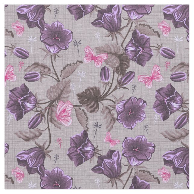 violet hand bells and pink butterflies pattern fabric (Close Up)