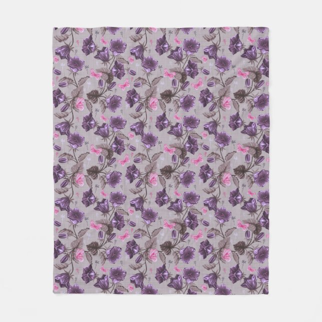violet hand bells and pink butterflies pattern fleece blanket (Front)