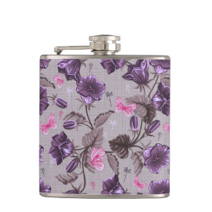 violet hand bells and pink butterflies pattern hip flask