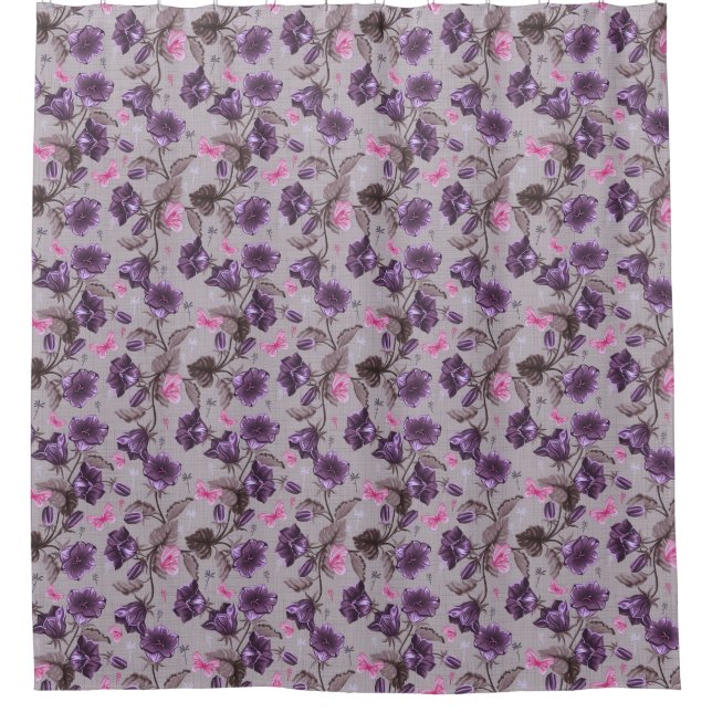violet hand bells and pink butterflies pattern shower curtain (Front)