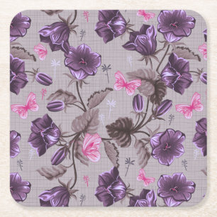 violet hand bells and pink butterflies pattern square paper coaster