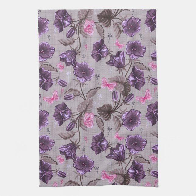violet hand bells and pink butterflies pattern tea towel (Vertical)
