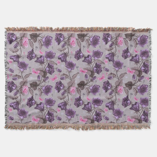 violet hand bells and pink butterflies pattern throw blanket (Front)