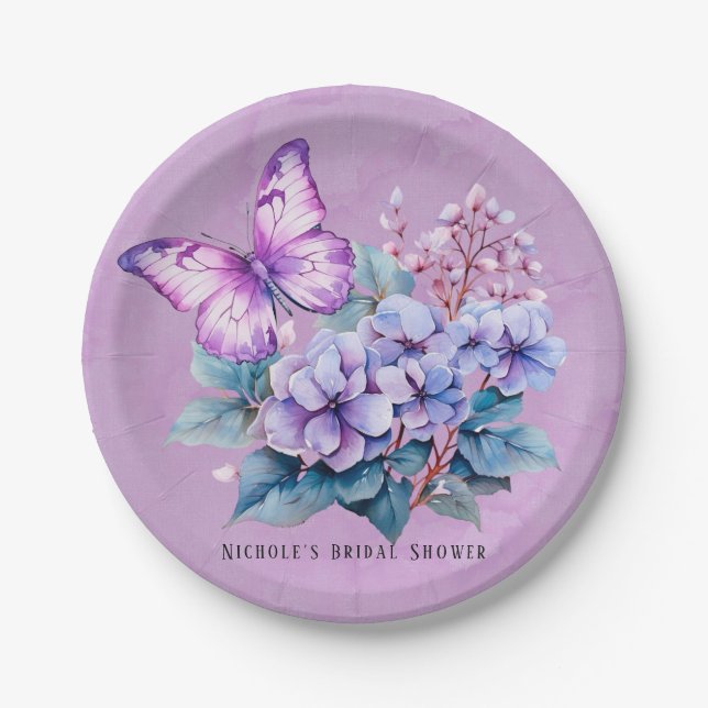 Violet Hydrangea Floral Butterfly Bridal Shower Paper Plate (Front)