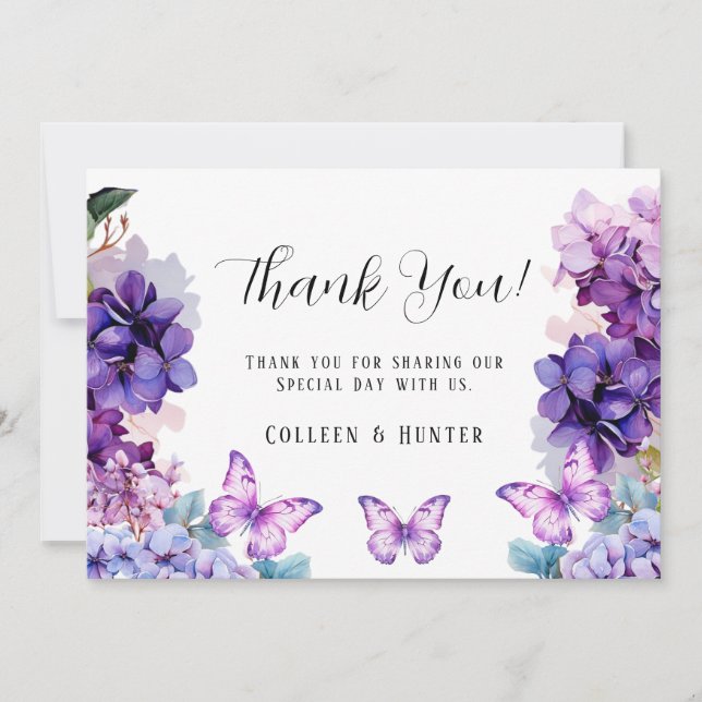 Violet Hydrangea Floral Butterfly Thank You Cards (Front)