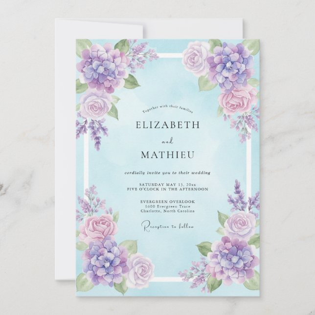 Violet Hydrangea Sky Eucalyptus Wedding Invitation (Front)
