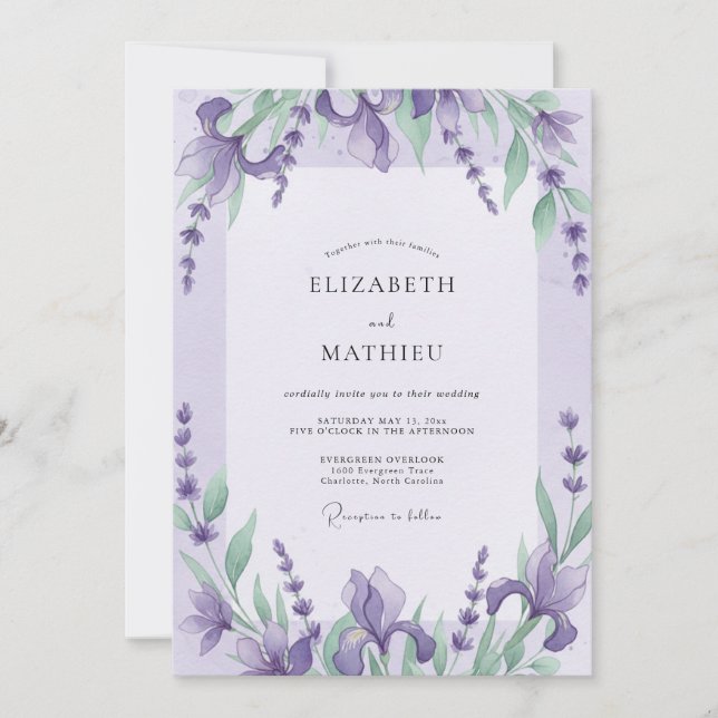 Violet Iris Eucalyptus Wedding Invitation (Front)