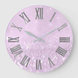Violet Lavande Glitter Grey Metallic Roman Numers Large Clock