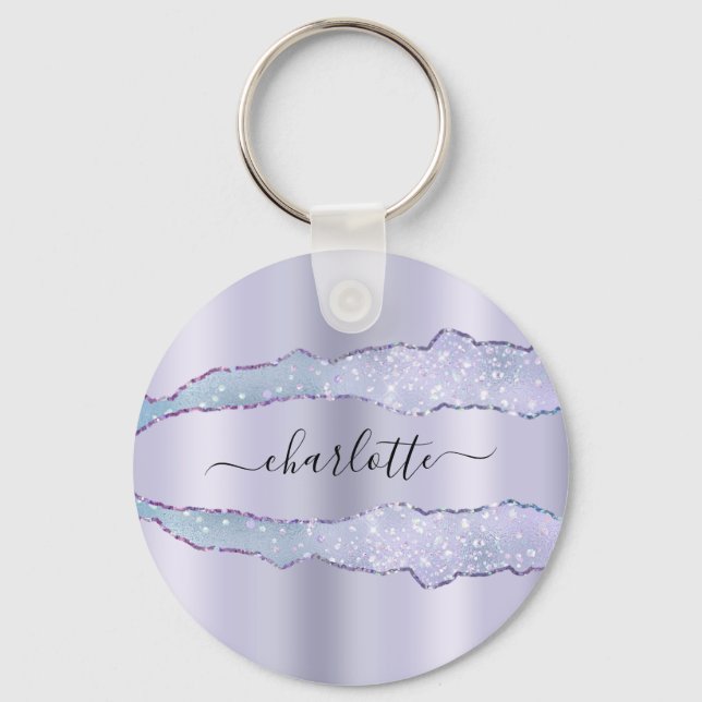 Violet lavender agate marble glitter name key ring (Front)