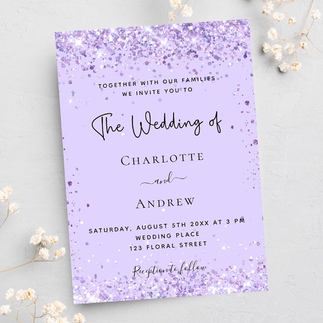 Violet lavender confetti elegant wedding invitation postcard (Creator Uploaded)