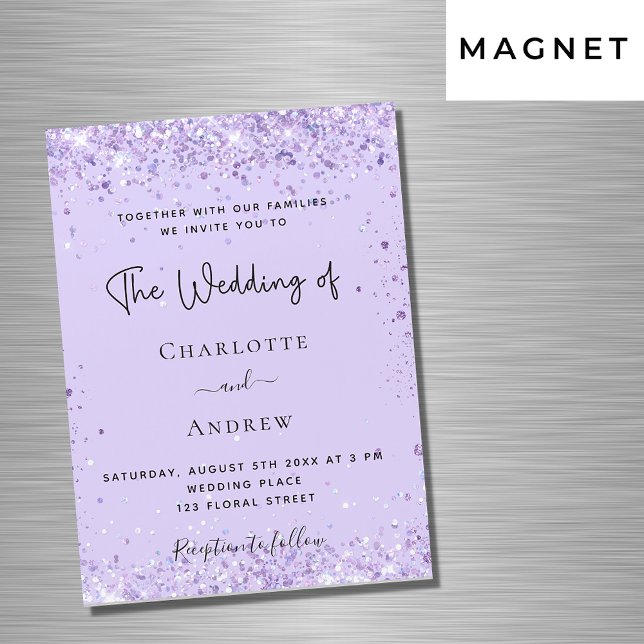 Violet lavender confetti script luxury wedding magnetic invitation (Creator Uploaded)