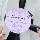Violet lavender confetti thank you heart classic round sticker<br><div class="desc">A stylish violet,  lavender coloured background,  decorated with coloured confetti.  With the text: Thank you for sharing my special day,  with a small heart.   Personalise and add your name.</div>