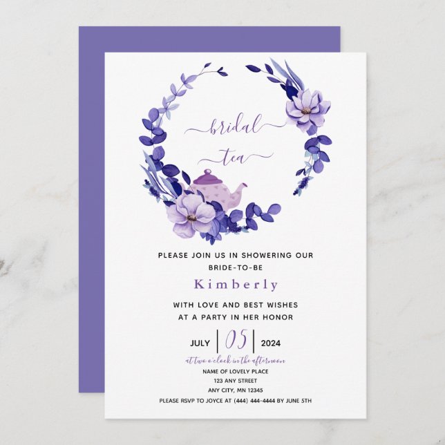 Violet & Lavender Floral Bridal Tea Invitation (Front/Back)