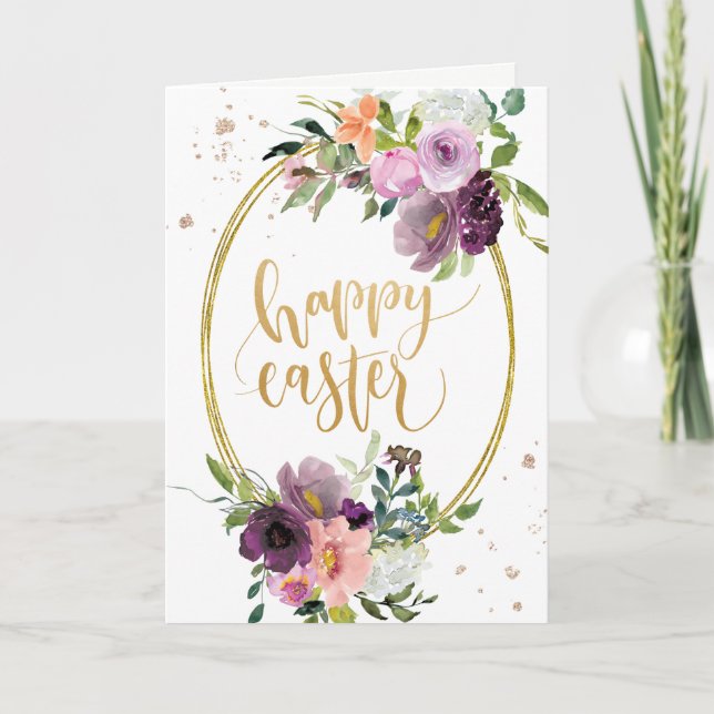 Violet Lavender Floral Gold Frame Happy Easter Holiday Card (Front)