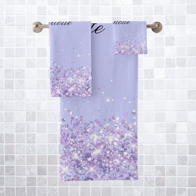 Violet lavender glitter dust name elegant bath towel set (Creator Uploaded)