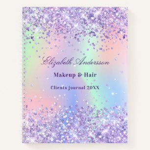 Violet lavender glitter holographic name business notebook