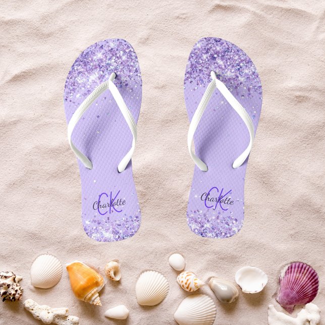 Violet lavender glitter name monogram  jandals (Creator Uploaded)
