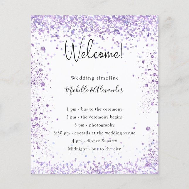 Violet lavender glitter wedding program details flyer (Front)
