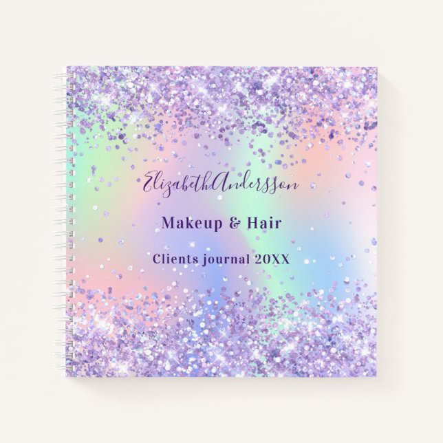 Violet lavender holographic name business  notebook (Front)
