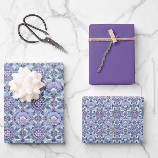Violet, Lavender, Lilac, Blues & White Art Deco  Wrapping Paper Sheet (Front)