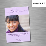 Violet lavender photo script thank you magnet<br><div class="desc">A violet,  lavender background colour.  White,  large hand lettered script with swashes and the text: Thank You. Personalise and add your photo,  thank you note and name. Purple text.</div>